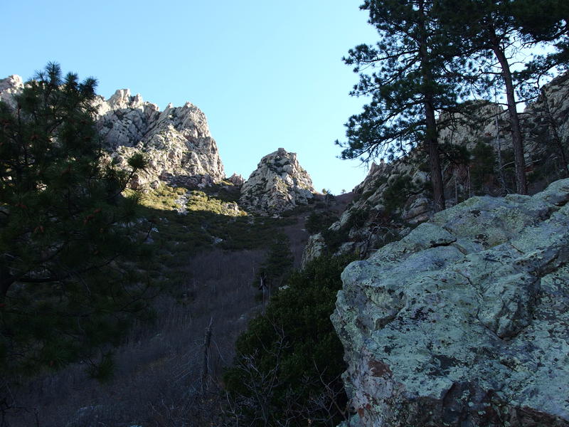 Looking up at the valley between the peaks