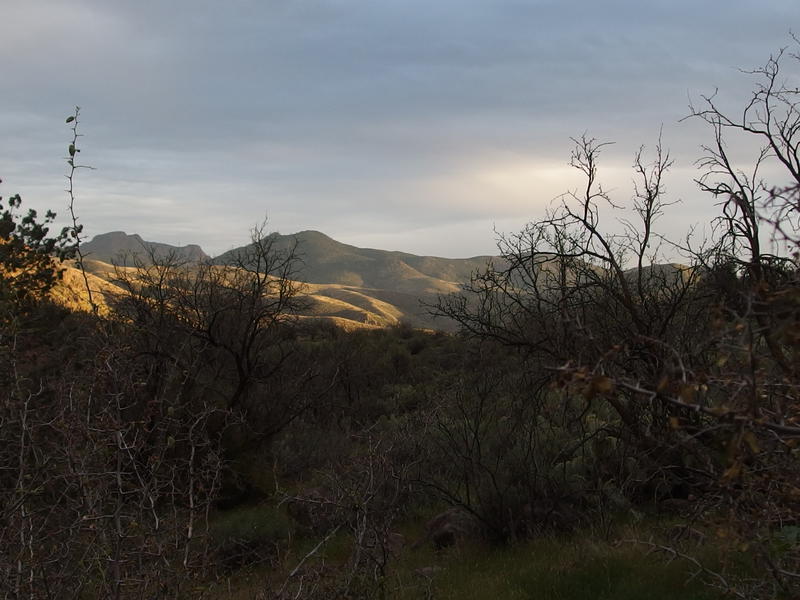 Setting sun lighting up the distant hills around Copper Camp