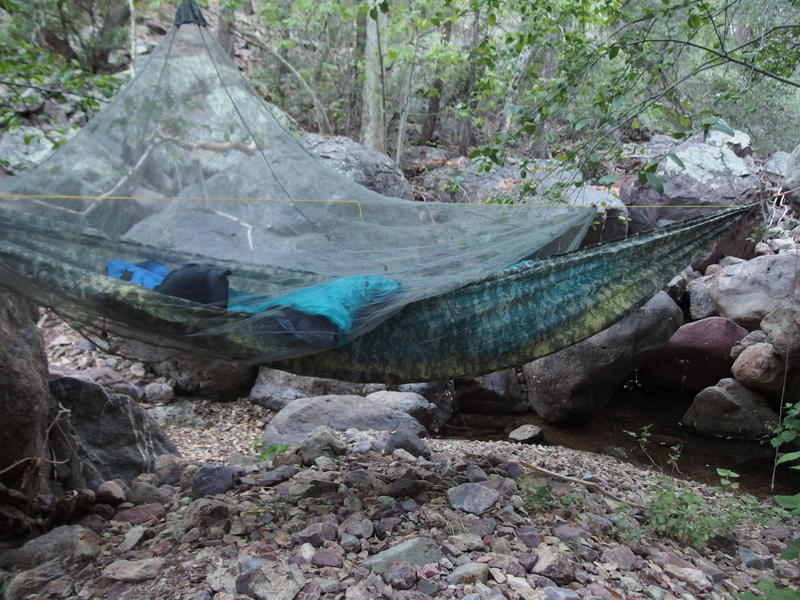 Hammock setup in the rocky wash