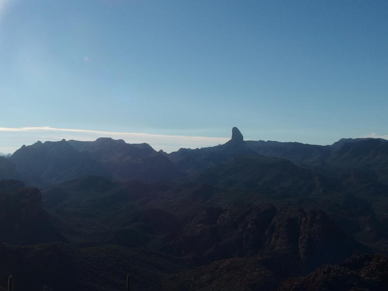 Hazy views of Weaver's Needle and Bluff Springs Mountain