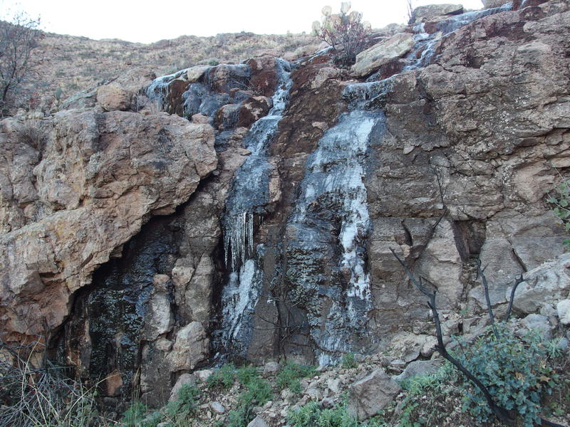 Frozen waterfall along the descent