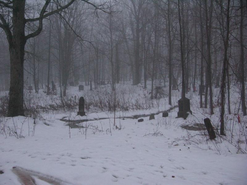 Headstones leading into the fog and woods