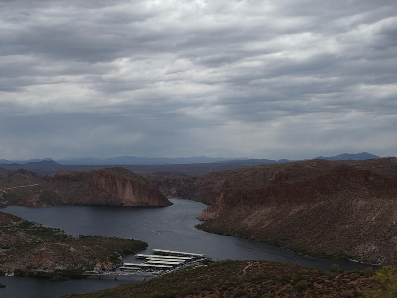 Looking down over Canyon Lake and a rainy north