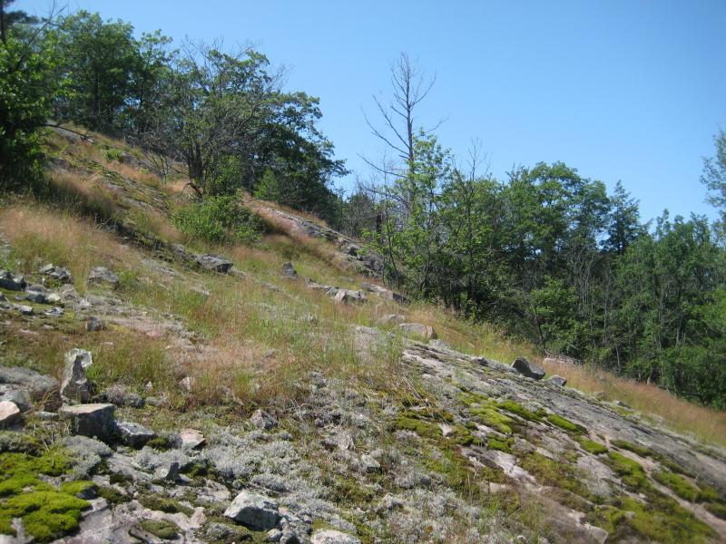 Angled rocky slope leading up west