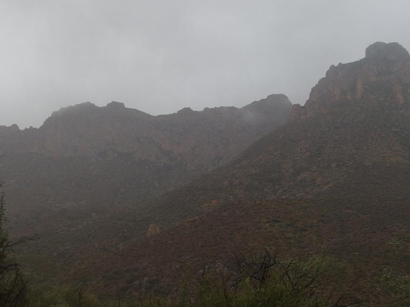 Rainy mist blocking the view of Bluff Spring Mountain