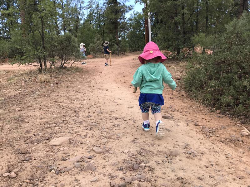 Three little hikers on a dirty path