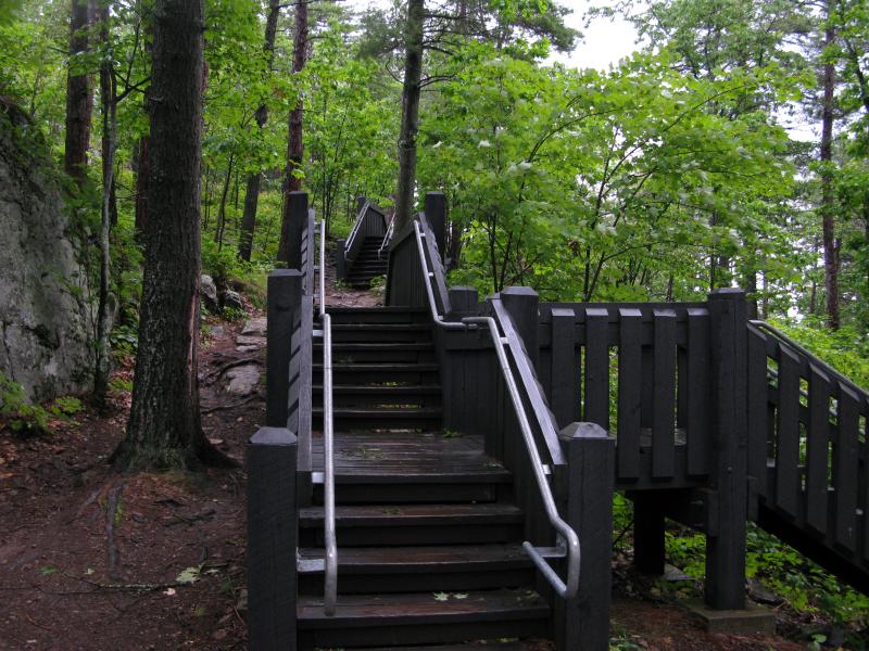 Rain-slick stairs up Sugarloaf Mountain