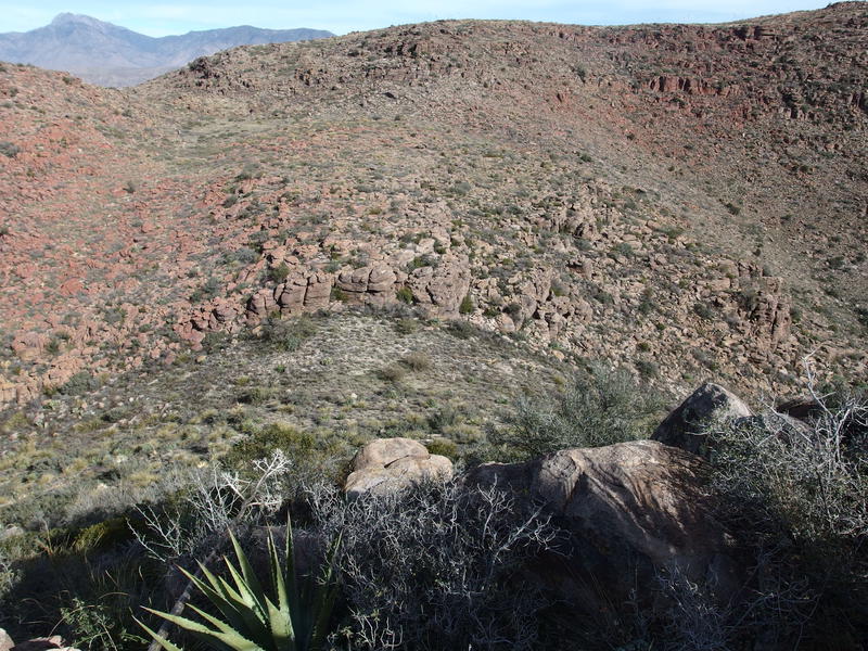 Looking down on saddle between Tortilla Peak and the red ridge
