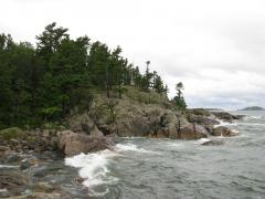 Waves crashing on the rocky shoreline